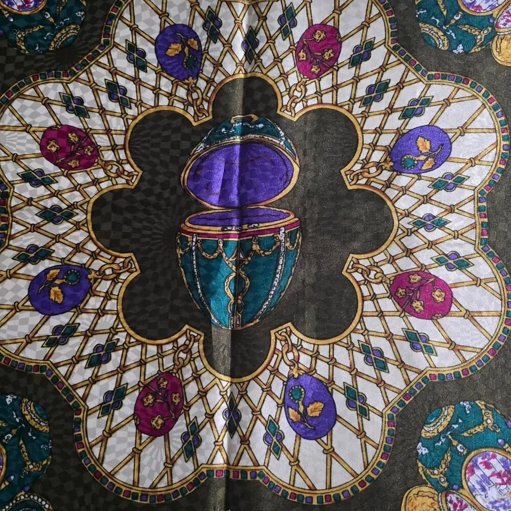 Vintage Peacock Silk Trading Co Baroque Jewel Scarf Black Gold Made in Korea